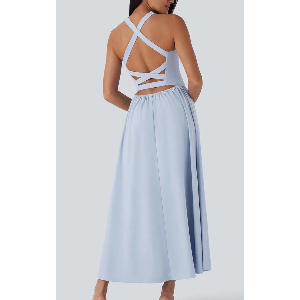 Halara Breezeful A-Line Sleeveless Maxi Dress L Blue Cross Back Casual Travel - Picture 2 of 11